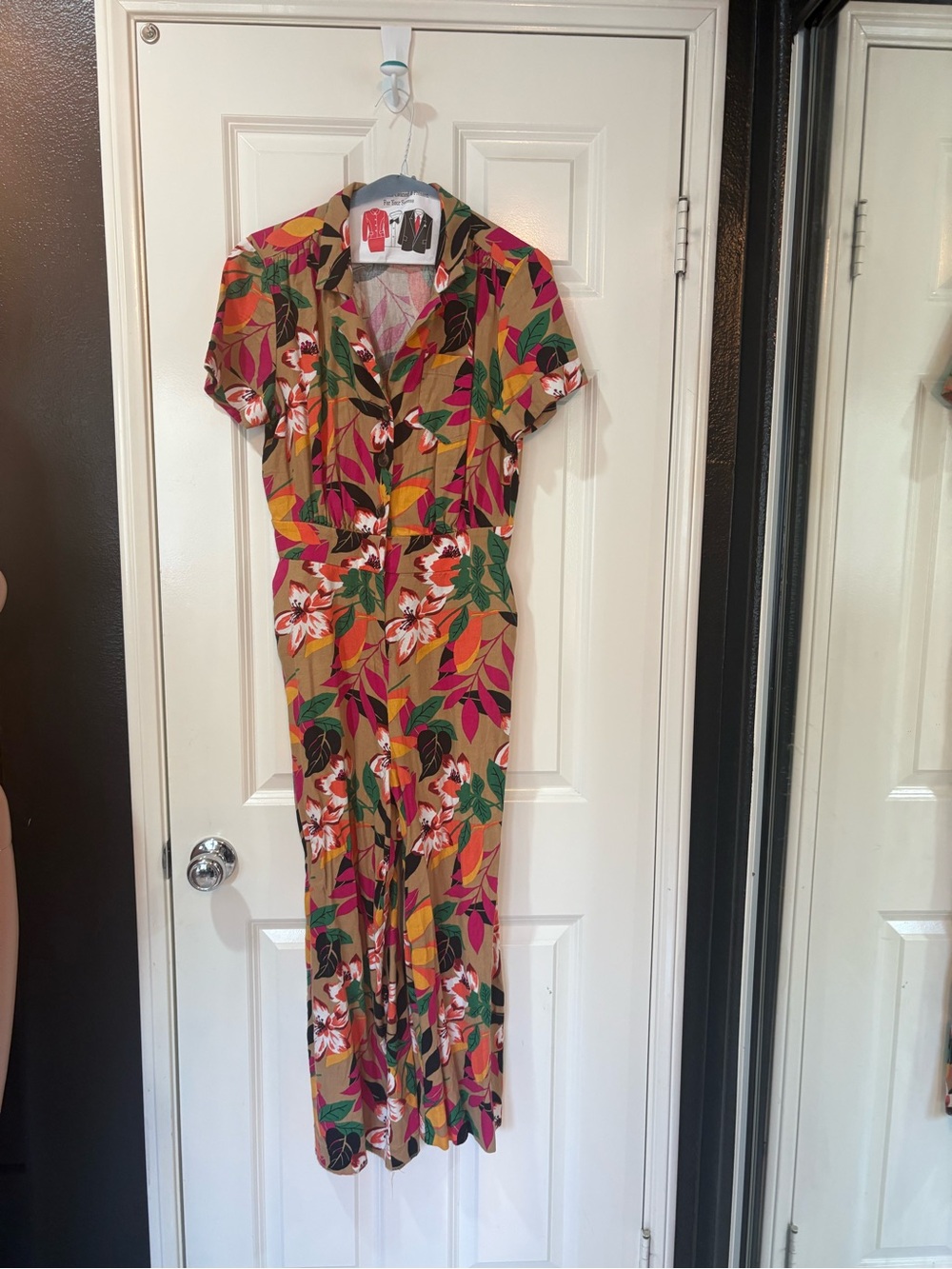 Eva mendes Pinup Tropical NNYC Floral Jumpsuit in Green, Pink & Tan